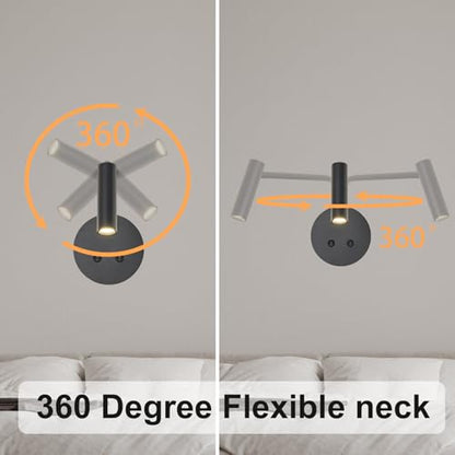 Matte Black Wall Mounted Reading Light, 3000K Flexible Headboard Reading Sconces with On Off Switch Control, Plug in/Hardwired Wall Light Fixtures with Night Light for Bedside Bedroom Bunk - color: Black-1Pack