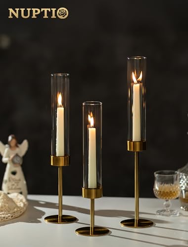 NUPTIO Hurricane Candle Holder for Centerpiece, Set of 6 Candlestick Holder - color: Brass - Clear, size: 6pcs