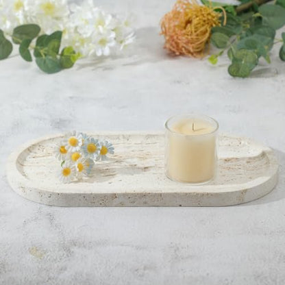 Natural Travertine Marble Tray, Bathroom Dresser Tray for Countertop, Decorative Dish Organizer for Jewelry, Toiletries, Cosmetics, Incense, Candles