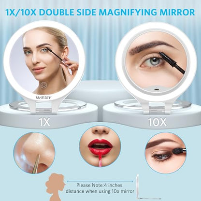 WEILY Magnifying Makeup Mirror 10X/1X, Travel Mirror with Light - color: 451-white