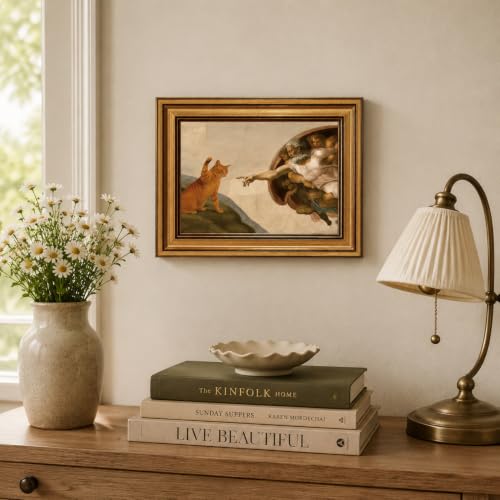 Vintage Gold Framed Orange Cat Wall Art Funny Renaissance Canvas Art Prints - color: Cat and God, size: 8"x10"