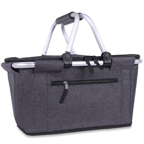 Picnic Basket, SIYUAN Collapsible Market Basket Insulted Cooler with Handles 27L Large Farmers Grocery Basket with Lid Portable Tote Bag, Black - color: Dark Black