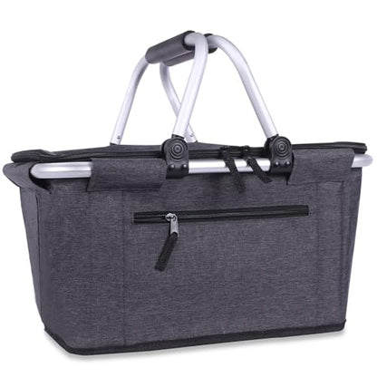Picnic Basket, SIYUAN Collapsible Market Basket Insulted Cooler with Handles 27L Large Farmers Grocery Basket with Lid Portable Tote Bag, Black - color: Dark Black