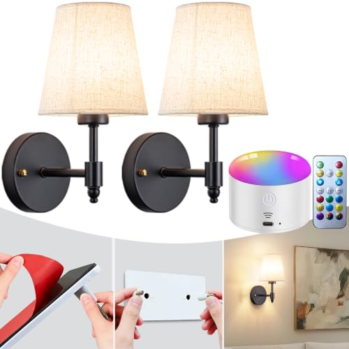 YHCDLAMP Peel and Stick Wall Sconces, No Drilling Stick On Wall Sconce, Wireless Battery Operated Wall Lights, Adhesive Wall Lamp with 10000mAh Battery Bulb for Bedroom Living Room Decor - color: Black-11.8inch