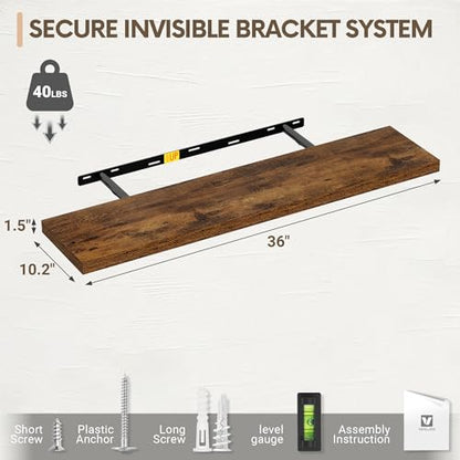 Vivelove 36" Floating Shelves 10 inch Deep, Set of 2, Rustic Brown - color: Rustic Brown, size: 35.4”wx10.2”dx1.5”h