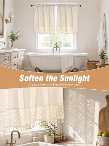 Molaxhome Linen Valances for Windows Boho Kitchen Valance Window Treatments - color: Beige, size: 35.4"W x 29.1"L (Pack of 1)