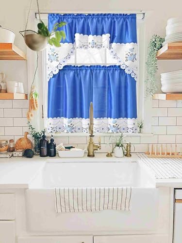 Generic 3-Piece Set Embroidered Window Curtain 2 Panels 1 Valance for Kitchen Restaurant Bar BR (Royal Blue BR-28) - color: Royal Blue Br-28