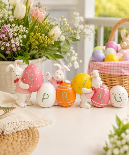 Easter Bunny with Egg Figurines, Rabbit Egg Statues, Spring Home Decorations, Easter Theme, Bookshelf Mantle Decor