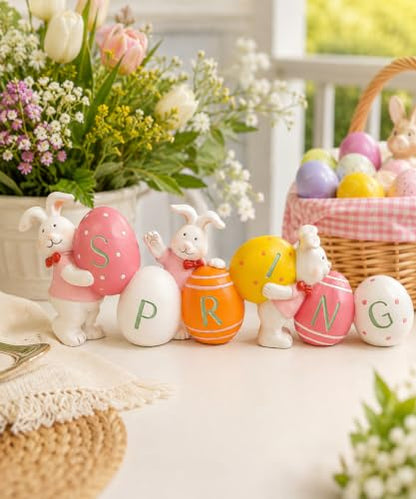 Easter Bunny with Egg Figurines, Rabbit Egg Statues, Spring Home Decorations, Easter Theme, Bookshelf Mantle Decor