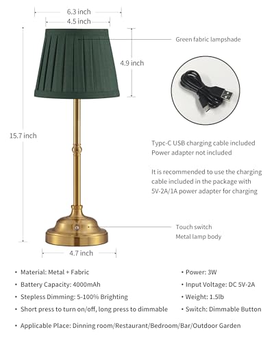 KDG Gold Cordless LED Table Lamps Set of 2, Green Fabric Shade Desk Lamps - color: Gold + Green Lampshade (2 Pack)
