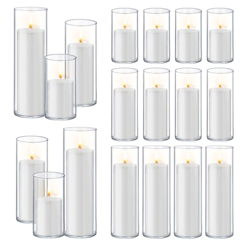 Homjoy 36 PCS White Pillar Candles with Glass Candle Holders Clear Hurricane Candle Holders Glass Cylinder Vases for Centerpieces Wedding Party, Event, Home Office (18 Candles+18 Candle Hoders) - style: 36 PCS White
