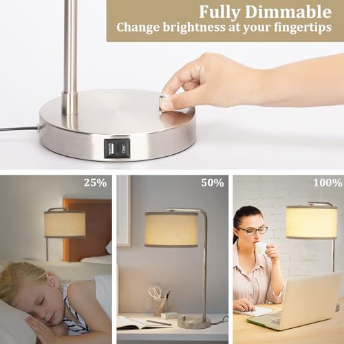 25" Tall Modern Bedside Lamp with USB C+A Ports, Fully Dimmable Table Lamp - color: Silver