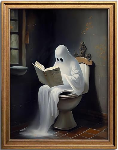 Vintage Halloween Ghost on Toilet Reading Book Gold Framed Wall Art 12x16In - color: Ghost, size: 16"L x 12"W