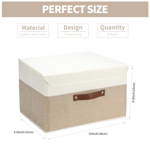 8 Pack Decorative Storage Bins Containers Fabric Bins with Lids Storage Baskets Bulk for Shelves Drawers, Desktop, Closet, Playroom, Classroom, Office, Bedroom, (15INx10INx10IN, Beige/White)