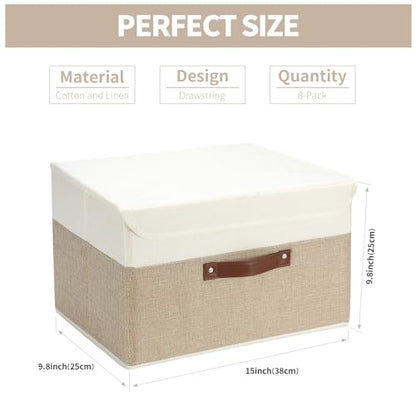 8 Pack Decorative Storage Bins Containers Fabric Bins with Lids Storage Baskets Bulk for Shelves Drawers, Desktop, Closet, Playroom, Classroom, Office, Bedroom, (15INx10INx10IN, Beige/White)