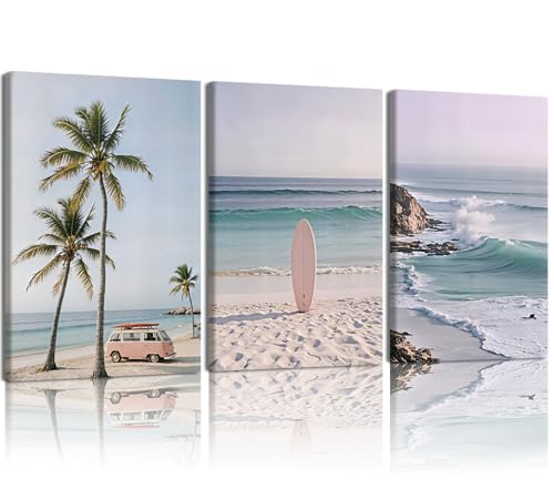 HCJWCXD 3 Pcs Coastal Beach Canvas Wall Art Boho Beach Scene 16x24 Inch - color: Pink car, size: 16x24 Inches