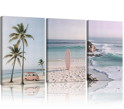HCJWCXD 3 Pcs Coastal Beach Canvas Wall Art Boho Beach Scene 16x24 Inch - color: Pink car, size: 16x24 Inches