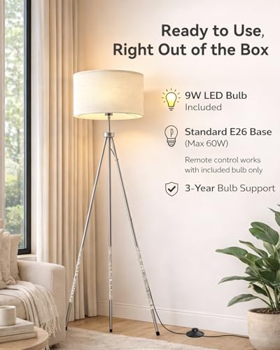 JOOFO Modern Metal Tripod Floor Lamp with Remote, 16.5" Linen Shade - color: Brushed Nickel