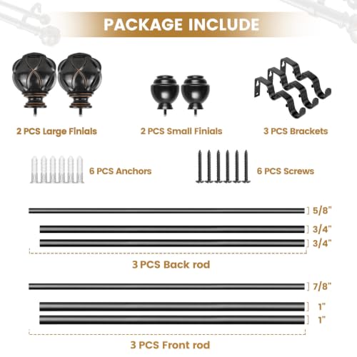 KAMANINA Double Curtain Rod 36 to 72 Inch, Adjustable Dual Rods, Black - color: Black, size: 36-72"