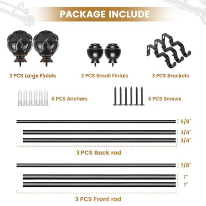 KAMANINA 1 Inch Double Curtain Rods for Windows 36 to 72 Inches (3-6 Feet), Black Heavy Duty Double Curtain Rod, Telescoping Drapery Rod with Netted Texture Finials (Pack of 2) - color: Black, size: 36-72" (Pack of 2)