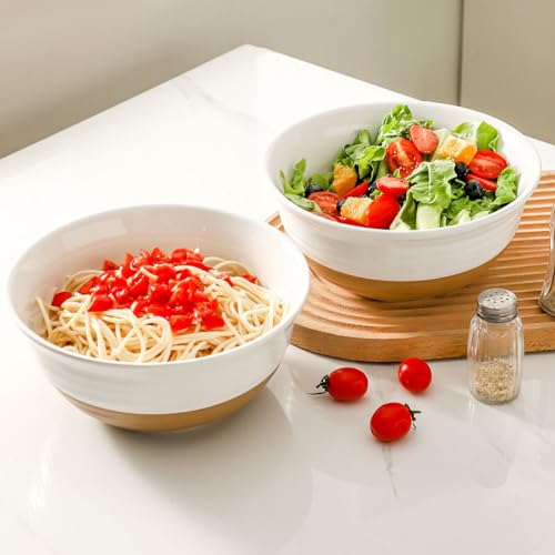 HASENSE Large Ceramic Serving Bowls Set of 2, 60 Oz 8.5 Inch White & Terracotta Stoneware Bowls, Farmhouse Bowls for Salad, Soup & Pasta, Dishwasher & Microwave Safe, Christmas Entertaining Dishes - color: White, size: 65 oz