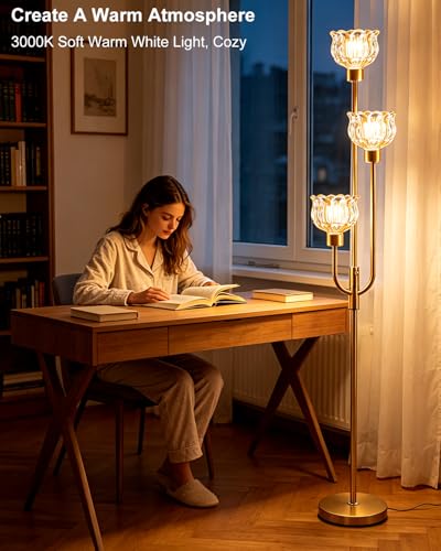 3-Light Glass Floor Lamp 66IN Modern Amber Glass Gold Dimmable Floor Lamps - color: Amber Tulip-Gold