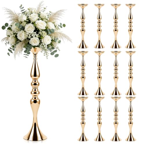 12 Pcs Gold Wedding Centerpieces for Table Decor, Tall Wedding Flower Vases Bulk, Metal Arrangements Center Pieces, Elegant Floral Stands Set for Bridal Party Reception Decorations Anniversary