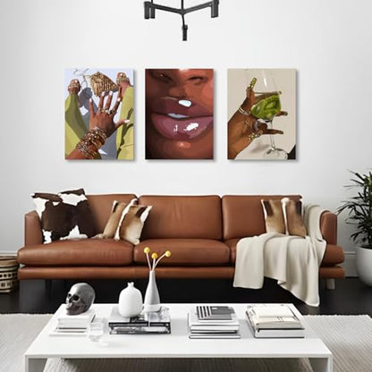 Hianan Wrapped Canvas Fashion Black Woman Wall Art Set of 3, 16x24 in - color: Yellow-Green, size: 24"L x 16"W