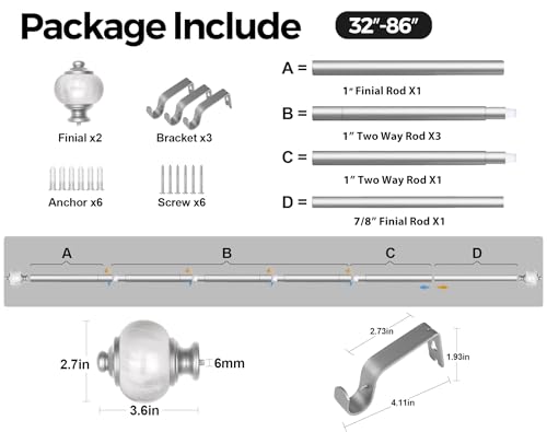 KAMANINA 1 Inch Curtain Rods for Windows 48 to 84 Inch, Silver Drapery Rods - color: Light Silver, size: 48-84"