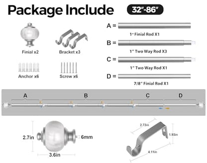KAMANINA 1 Inch Curtain Rods for Windows 48 to 84 Inch, Silver Drapery Rods - color: Light Silver, size: 48-84"