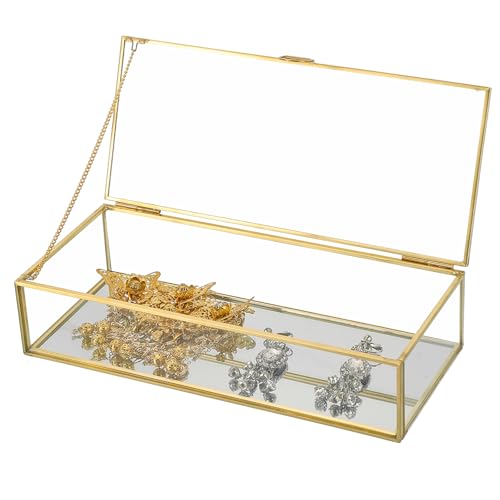 9" Golden Vintage Glass Keepsake Box, Mirrored Bottom