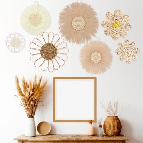 Chunful 7 Pcs Boho Wall Basket Decor Rattan Flower, Light Beige Yellow - color: Light Beige Yellow