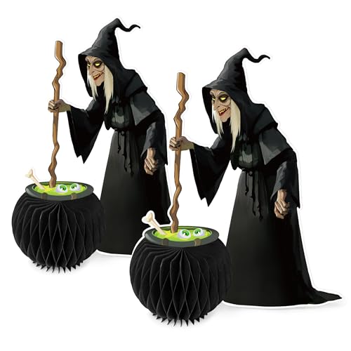 2PCS Halloween Centerpieces for Tables, Witch Cauldron Centerpiece Table Decorations Honeycomb Table Centerpieces for Halloween Party Decorations Vintage Spooky Birthday Supplies