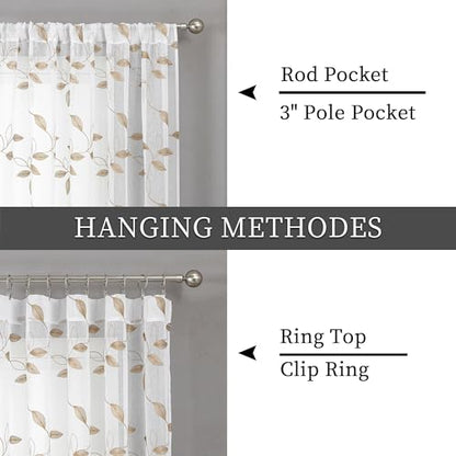 Tollpiz Taupe Leaf Sheer Tier Curtains Kitchen 30 x 24 Inches - color: Taupe, size: 30"W x 24"L (Pack of 2)