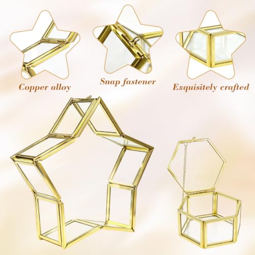 2Pcs Glass Jewelry Boxes with Lids, Gold Star & Hexagon Trinket Boxes