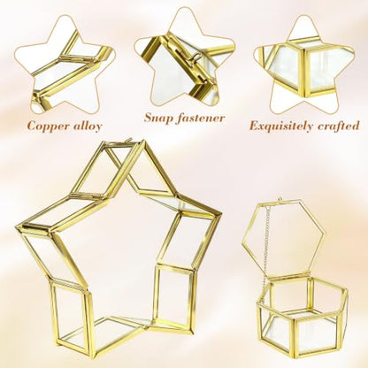 2Pcs Glass Jewelry Boxes with Lids, Gold Star & Hexagon Trinket Boxes
