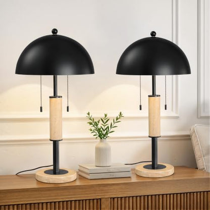 Black Bedside Table Lamp Set 2 Mid Century Modern Tavertine Nightstand Lamp - color: Black