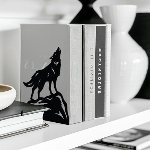 Peacoblue 5.3"x4.3"x6.4" Metal Bookends, Heavy Duty Book Ends for Shelves - style: Howling Wolf