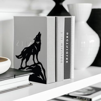 Peacoblue 5.3"x4.3"x6.4" Metal Bookends, Heavy Duty Book Ends for Shelves - style: Howling Wolf