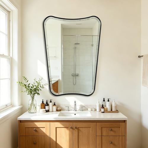 POZINO 36"x24" Irregular Beveled Bathroom Mirror for Over Sink - color: Black Irregular, size: 36"L x 24"W