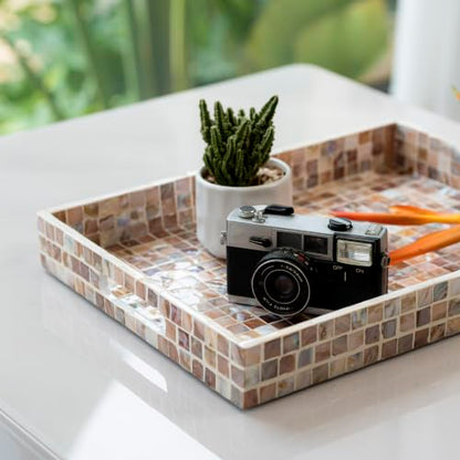 PEMAR Mother of Pearl Tray 15.7x11.8 Rectangle Handcrafted Serving Tray - color: Artisan Brown Mosaic