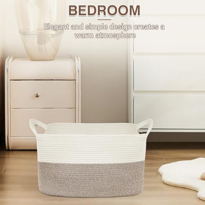 YOUDENOVA Large Blanket Basket, Rectangle Cotton Rope Storage Baske - color: White+Brown