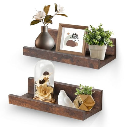 Muzilife 12" Small Floating Shelves Wood Wall Shelf with Lip, 2Pcs, Brown - color: Walnut Brown, size: 12"