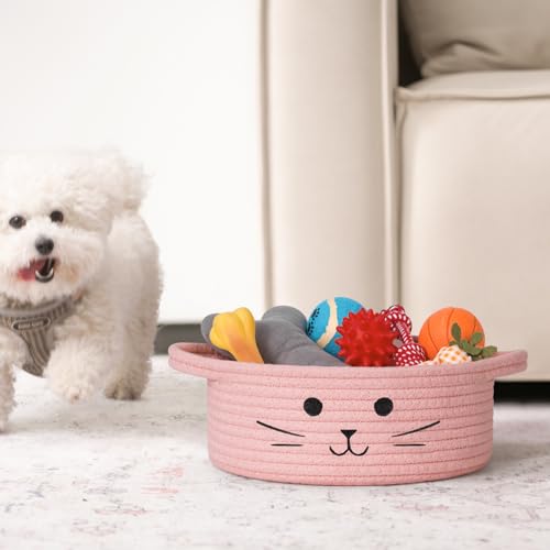 Small Woven Rope Cat Toy Basket with Cat Face Design, Pink - color: Pink, size: 9.8"W x 4"H