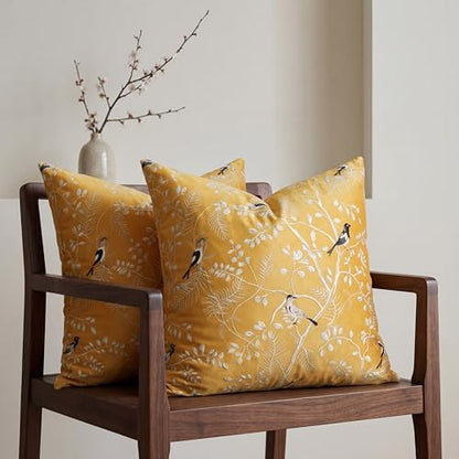 Decorative Velvet Pillow Covers 18x18 Set of 2, Bird Leaf Print Covers - color: Ochre