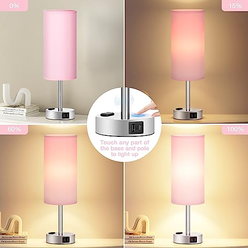 Fenmzee Pink Bedside Lamp for Bedroom, Dimmable Touch, USB A+C, AC Outlet - color: Pink - Silver, size: 14"