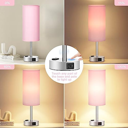 Fenmzee Pink Bedside Lamp for Bedroom, Dimmable Touch, USB A+C, AC Outlet - color: Pink - Silver, size: 14"