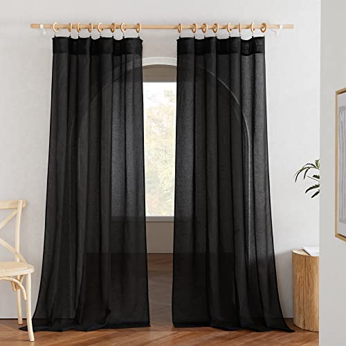 NICETOWN Black Curtains Semi Sheer Linen Texture, Rod Pocket & Back Tab Sheer Linen Blend Window Drapes Aesthetic Privacy with Light Through for Boys Bedroom/Living Room, W52 x L84, 2 Pieces - color: Black, size: 52"W x 84"L (Pack of 2)