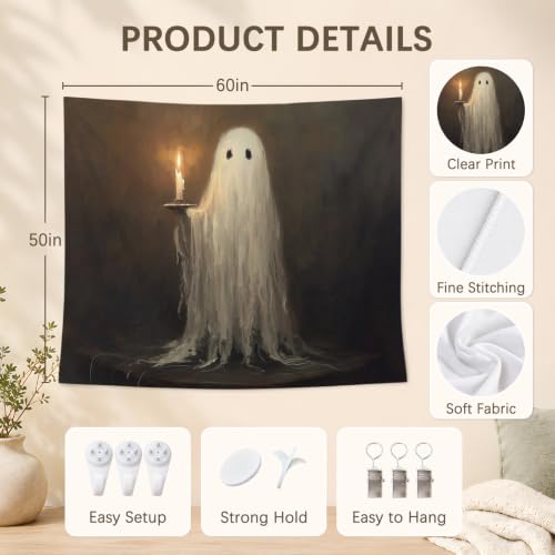 AHNWICNR Ghost Halloween Tapestry, Dark Moody Cute Ghost Wall Hanging Decor - color: Ghost Candle