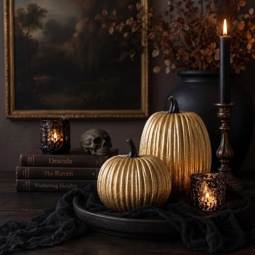 Gold Halloween Pumpkin Decor, Small Resin Pumpkins Set of 2 - color: Gold and Black-set of 2